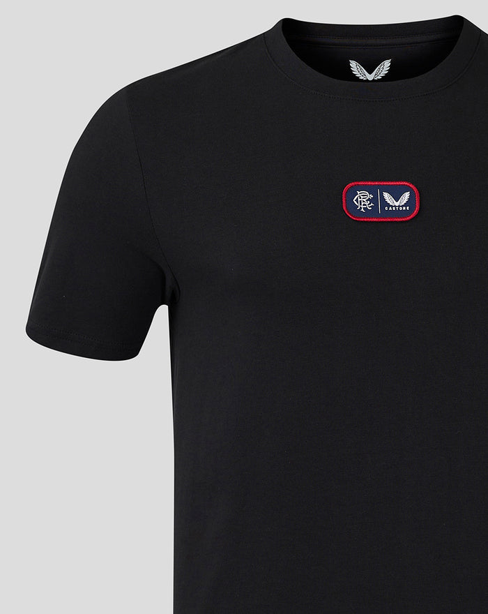 Black short sleeve T shirt with a red bordered chest patch logo.