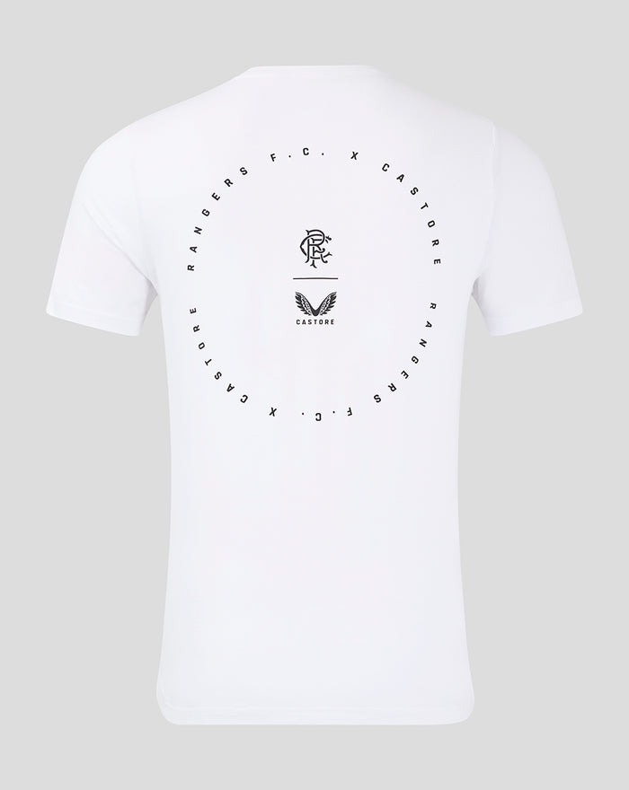 Back view of white t shirt with a large circular graphic featuring a crest and Rangers FC x Castore branding.