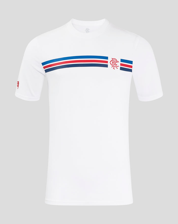 White Rangers T shirt with blue and red stripes across the chest and the club crest on the left chest.