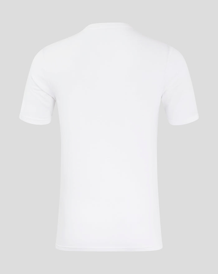 Back view of white Ranger T shirt showing plain upper back and crew neck.