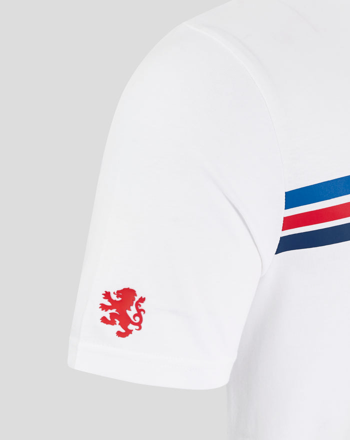 White Rangers T shirt with blue and red stripe graphic across the chest and a red lion crest near the hem.