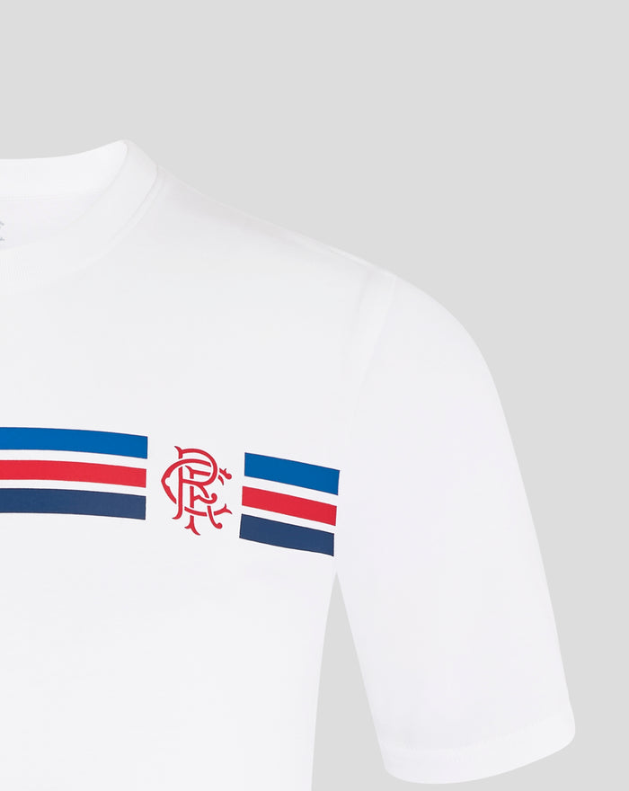 Close up of white Rangers T shirt showing blue and red stripe graphic across the chest and the club crest at left chest.