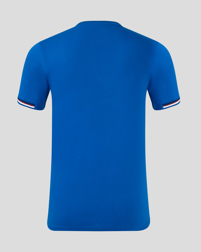 Back view of blue men's classic cotton T shirt with short sleeves and striped sleeve cuffs.