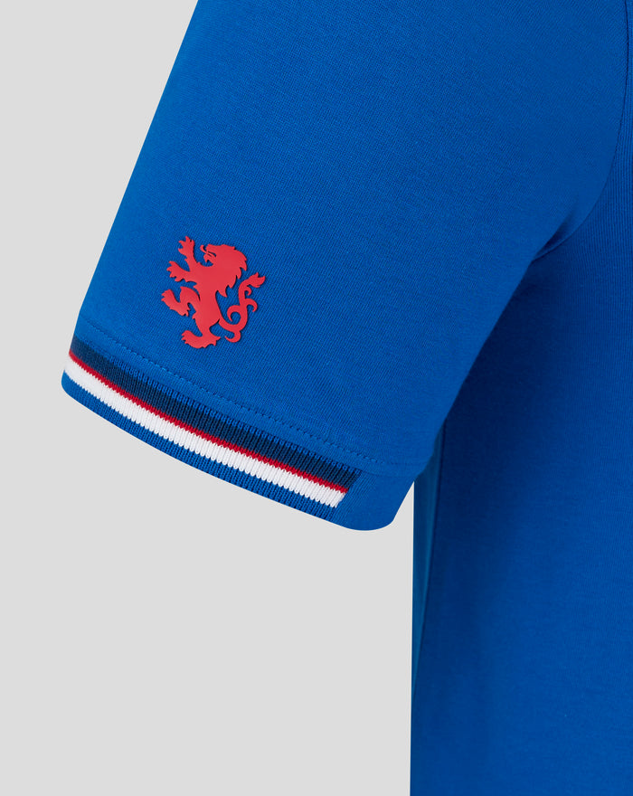 Blue Rangers FC men's classic cotton T shirt close-up highlighting left chest crest patch and stripe detail at the hem