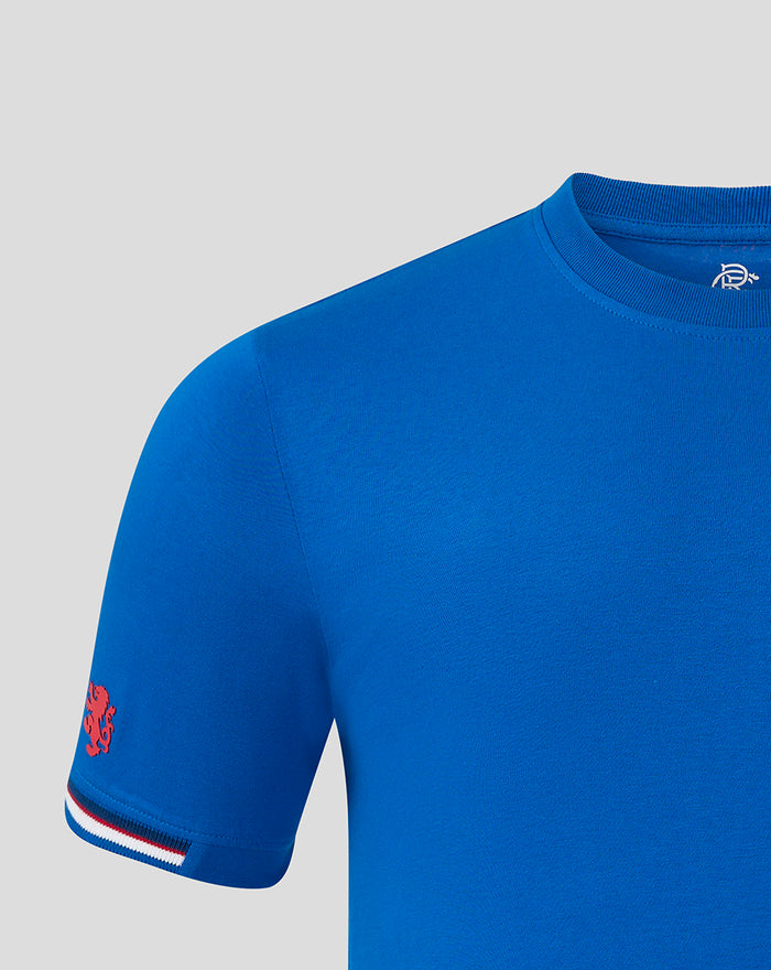 Blue Rangers FC men's classic cotton T shirt close-up of the shoulder and chest with crest patch and striped cuff