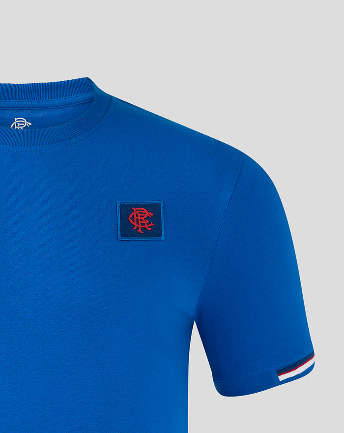 Blue Rangers FC men's classic cotton T shirt close-up showing left chest crest patch and striped sleeve cuff
