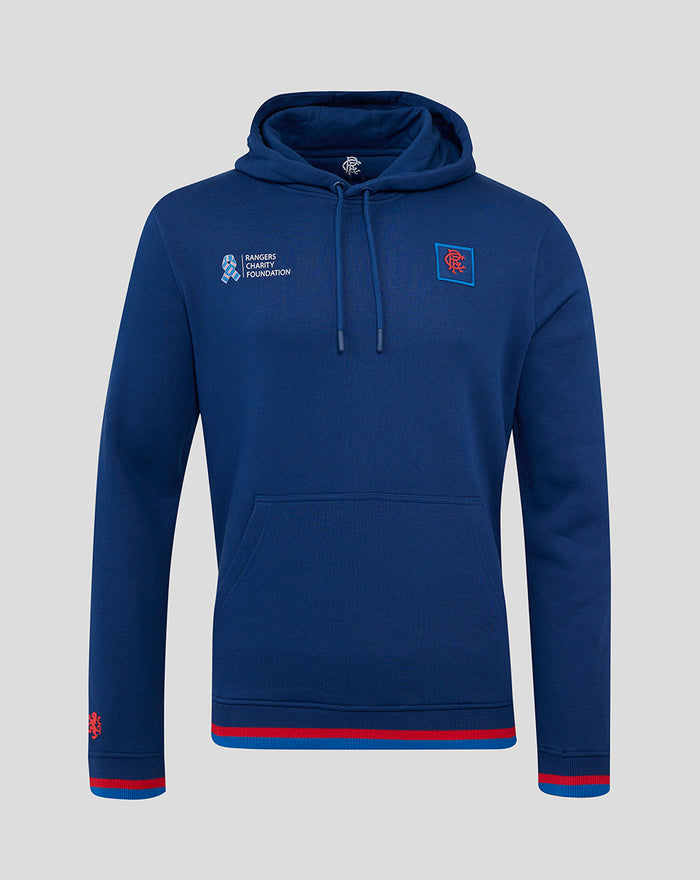 Royal blue Rangers Charity Foundation hoodie with the charity logo on the chest and a crest patch on the front