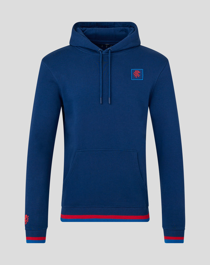 Dark blue Rangers Charity Foundation hoodie with a square blue patch logo on the left chest and drawstring hood