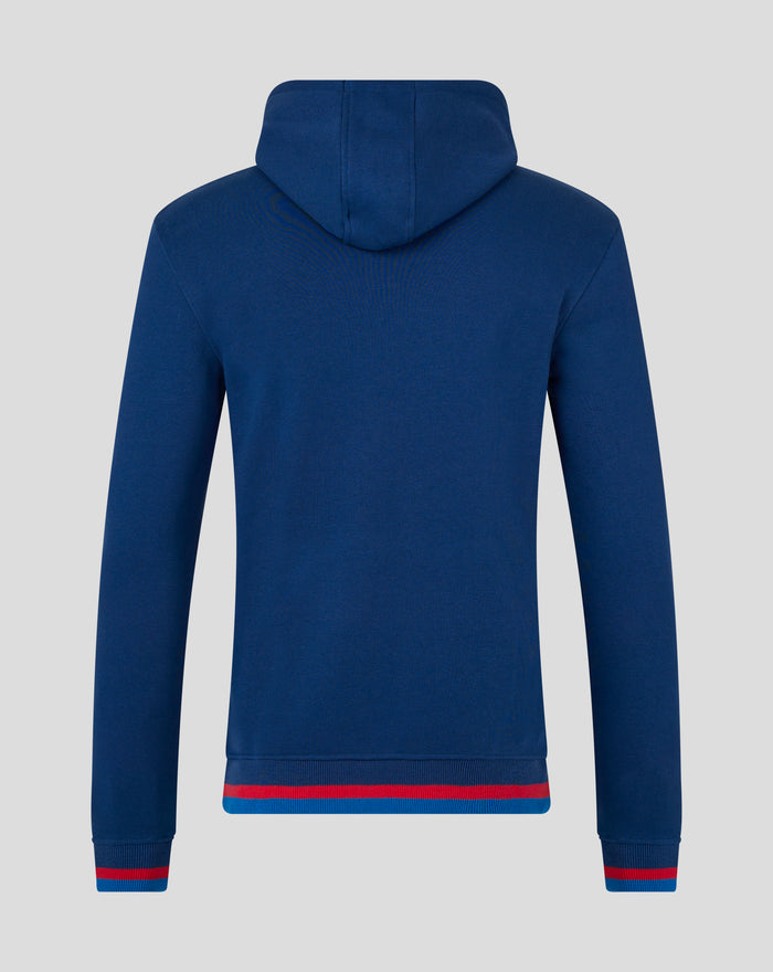 Back view of navy Rangers FC hoodie showing hood and red and blue striped hem