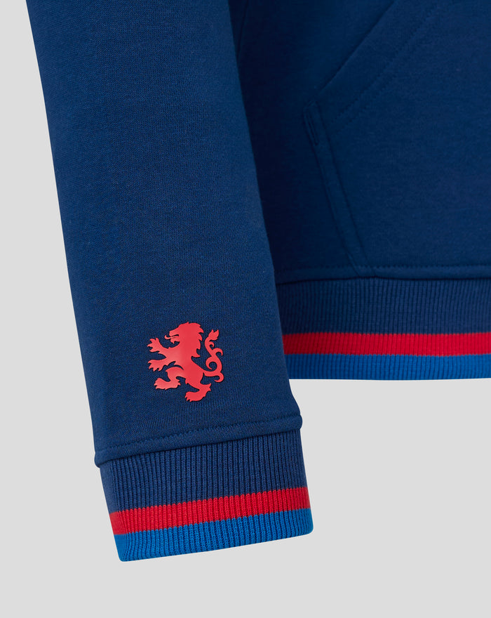 Navy Rangers FC hoodie with crest patch on left chest and red blue striped rib cuffs and hem.