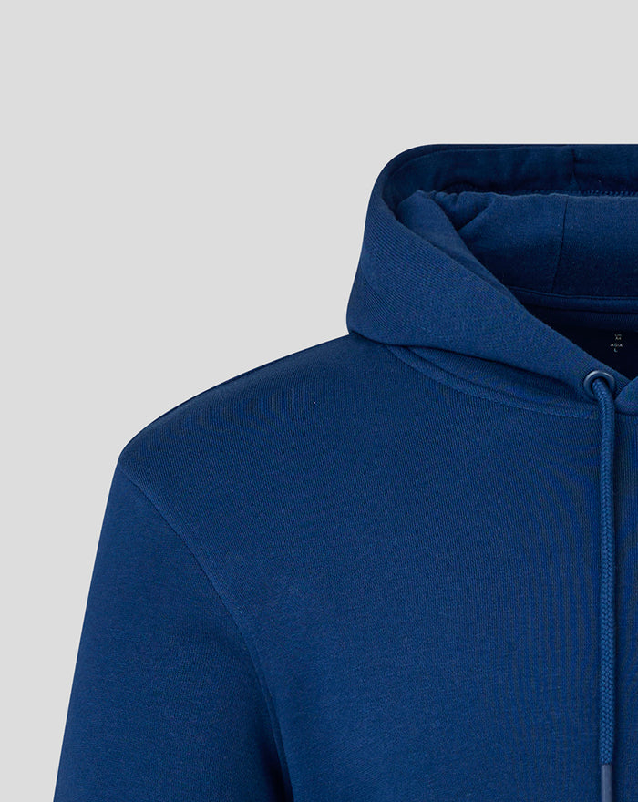 Navy hoodie with hood up and Rangers FC badge visible on the left chest
