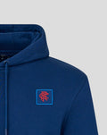 Close-up of the blue Rangers Charity Foundation hoodie showing the chest crest patch and hood detail