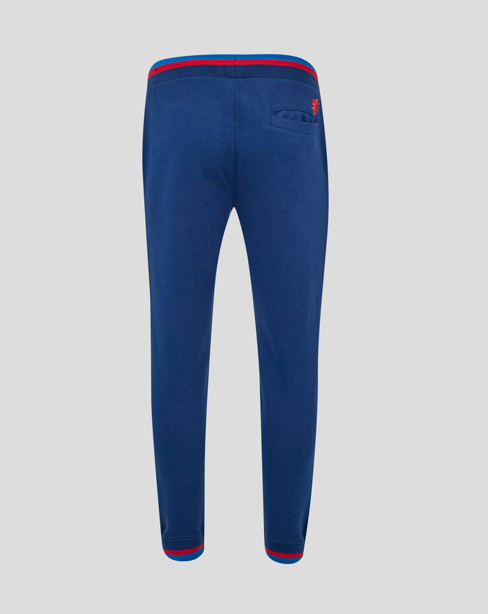 Full rear view of navy Rangers joggers with striped rib cuffs at ankles and back pocket detail