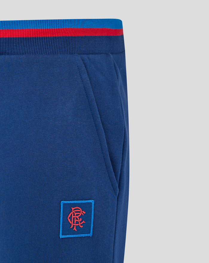 Back view of navy Rangers joggers with back pocket striped waistband and embroidered crest on the hip