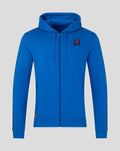 Blue men's full zip hoodie with hood and drawstrings and a small crest emblem on the chest.