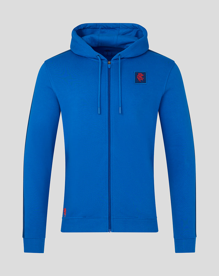 Blue men's full zip hoodie with hood and drawstrings and a small crest emblem on the chest.