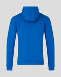 Back view of blue men's classic full zip hoodie with the hood up.