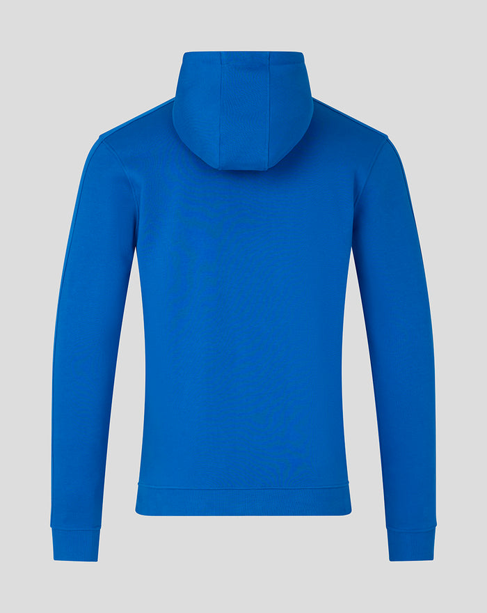 Back view of blue men's classic full zip hoodie with the hood up.