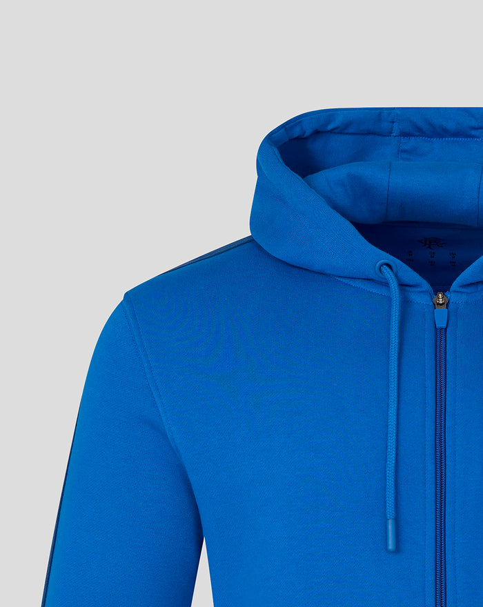 Blue men's classic full zip hoodie close up showing hood and zipper.