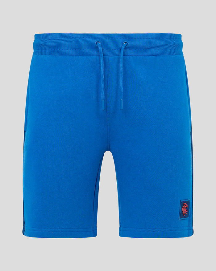 Blue men's shorts with drawstring waist and Rangers logo patch at the hem