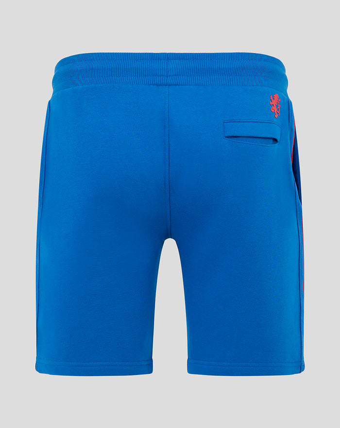 Back view of blue men's Classic Rangers shorts with elastic waistband and a small back pocket featuring a red crest.