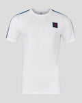 White Rangers FC classic cotton T shirt with navy shoulder stripe and crest patch.