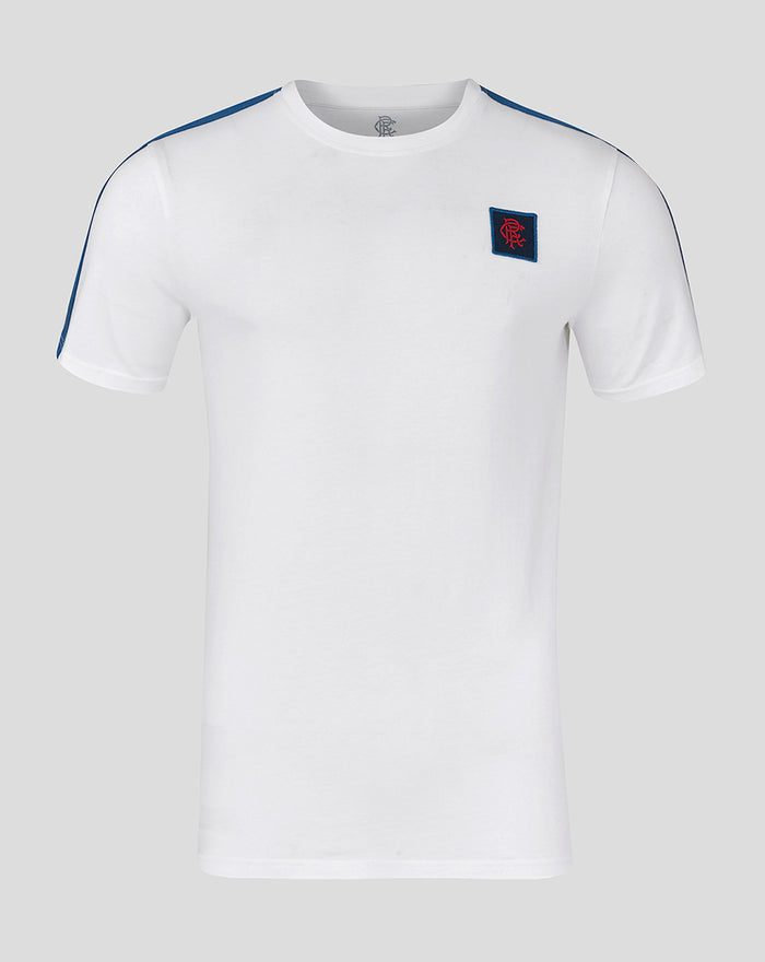 White Rangers FC classic cotton T shirt with navy shoulder stripe and crest patch.