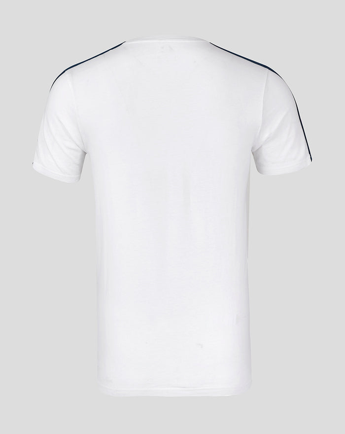 Back view of white cotton Ranger T shirt with navy shoulder trim