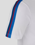 White T shirt sleeve with blue and red racing stripes along the shoulder