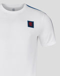 White men's cotton Rangers T shirt with blue shoulder stripe and left chest patch logo