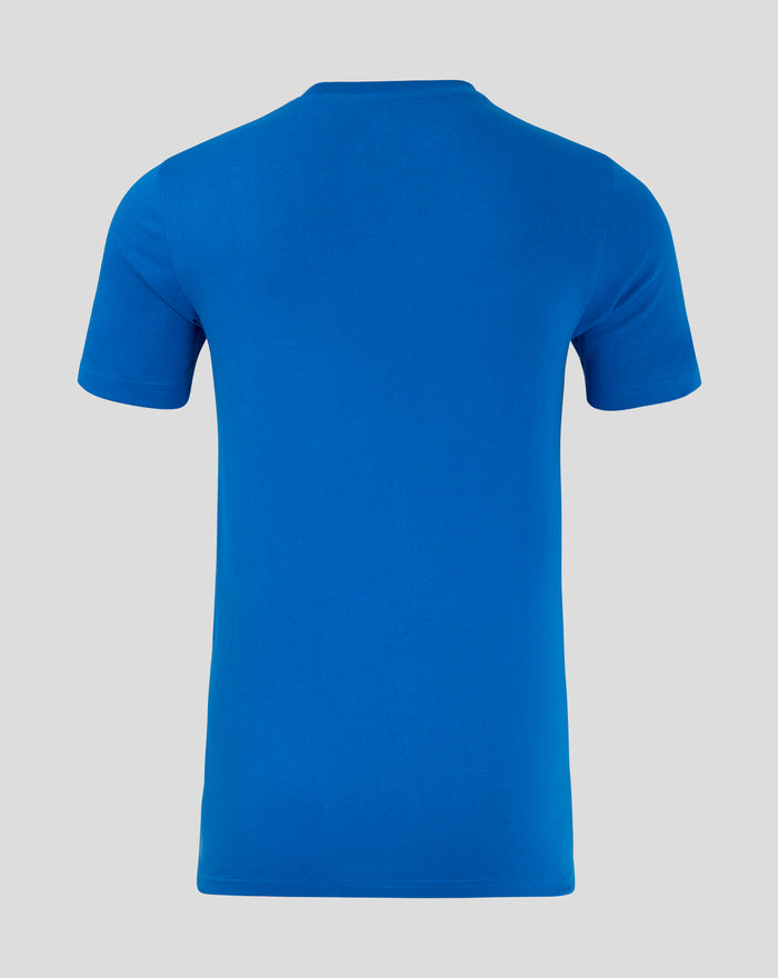 Back view of blue Rangers FC Core Crest T Shirt showing ribbed crew neck