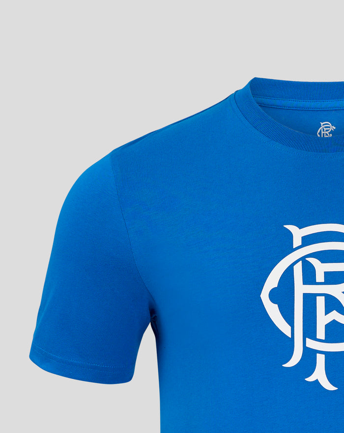 Close up of blue Rangers T shirt showing large white crest print on chest