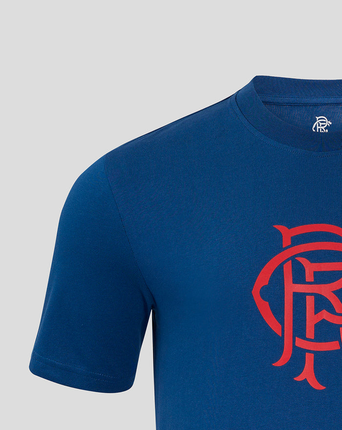 Close up of navy Rangers crest T shirt showing large red club crest on chest and ribbed crew neck.
