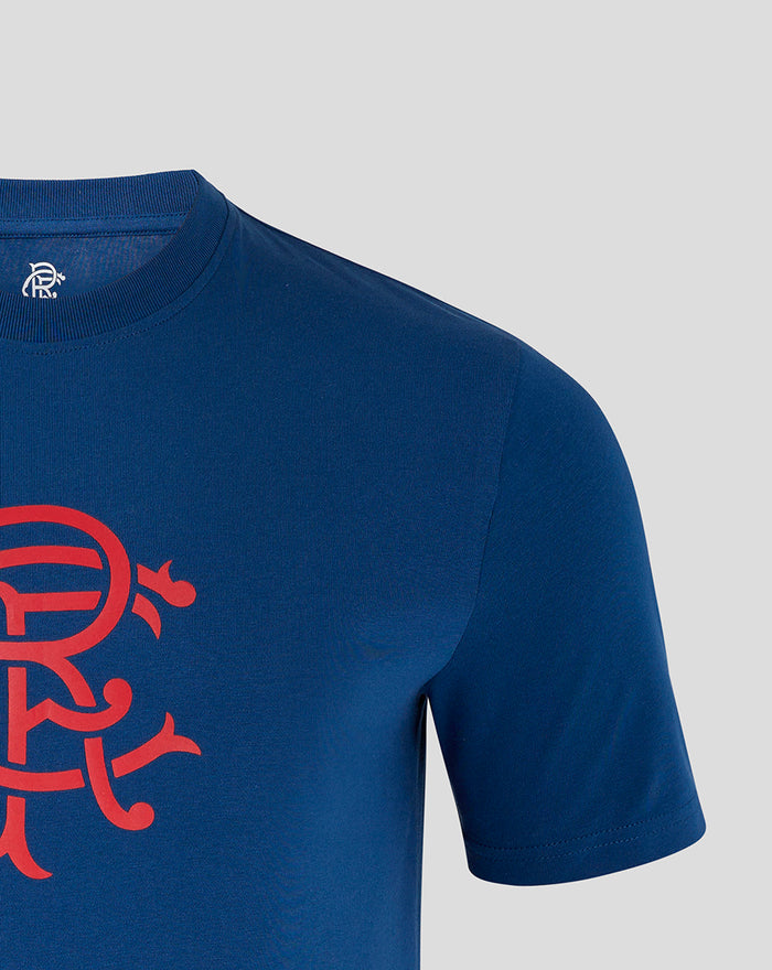 Back view of navy Rangers crest T shirt with small white crest graphic at the neckline.