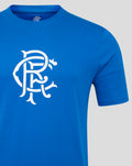 Blue tee chest close up with large white crest graphic and visible fabric texture.