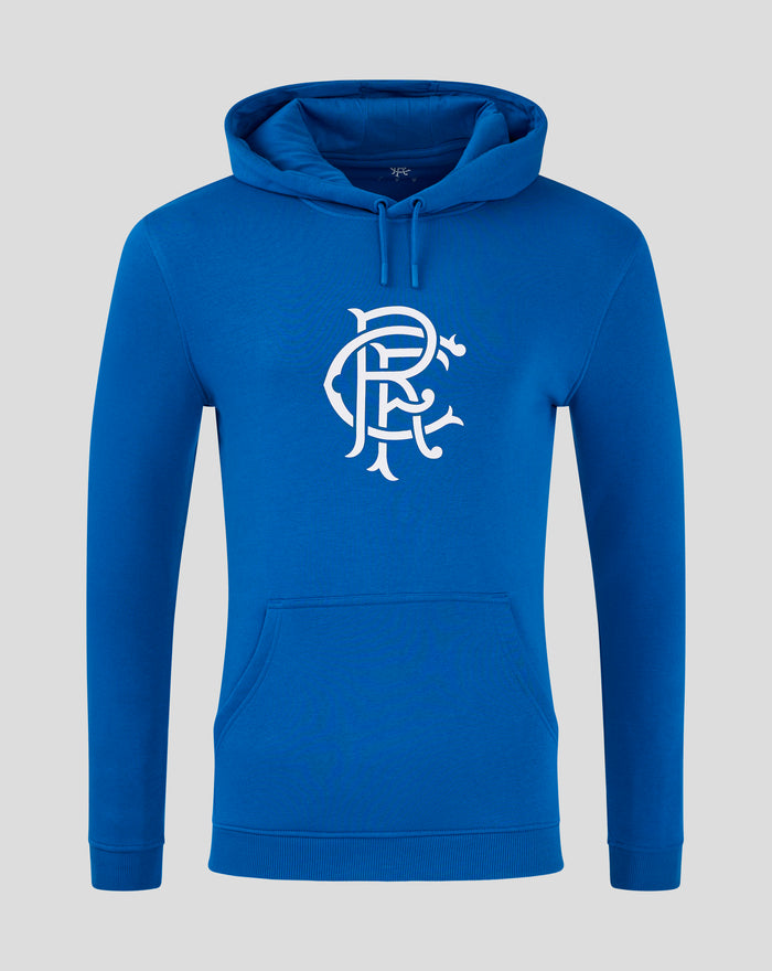 Blue Rangers FC core hoodie with a large white crest on the chest drawstring hood and front kangaroo pocket