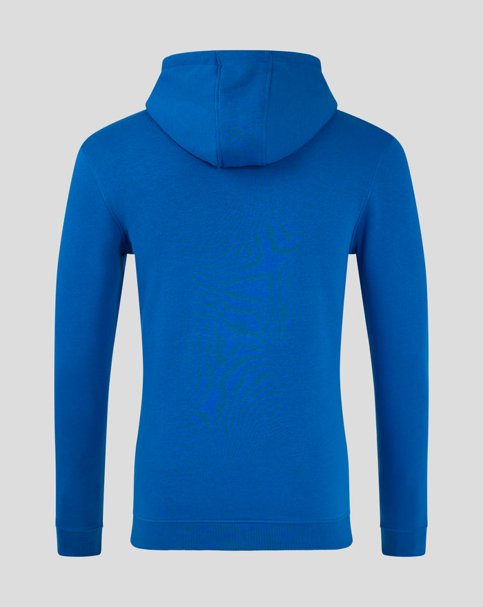 Back view of blue Rangers FC core hoodie showing the hood and upper back