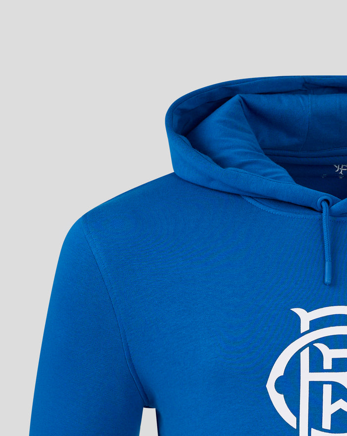 Close up of a blue Rangers FC core hoodie showing the hood and chest crest on rich blue fabric