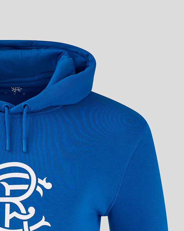 Blue Rangers FC core hoodie close up with hood drawcord and center chest crest print