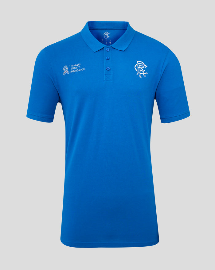 Bright blue polo shirt with Rangers Charity Foundation ribbon logo on the left chest and a white club crest on the right chest
