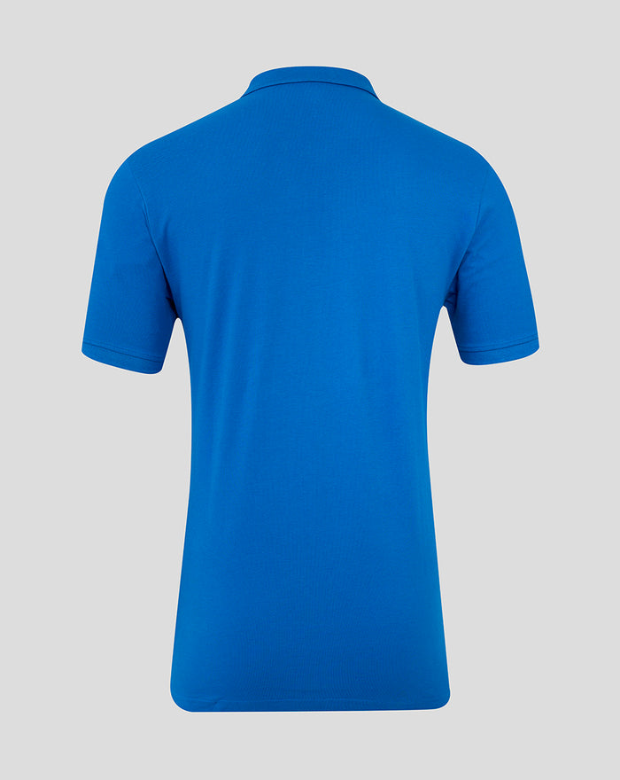 Back view of royal blue Rangers Charity Foundation core polo against a light gray background
