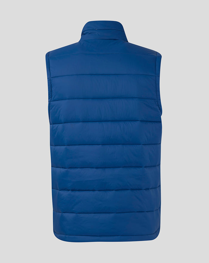 Back view of navy padded sleeveless gilet with horizontal quilting and funnel collar