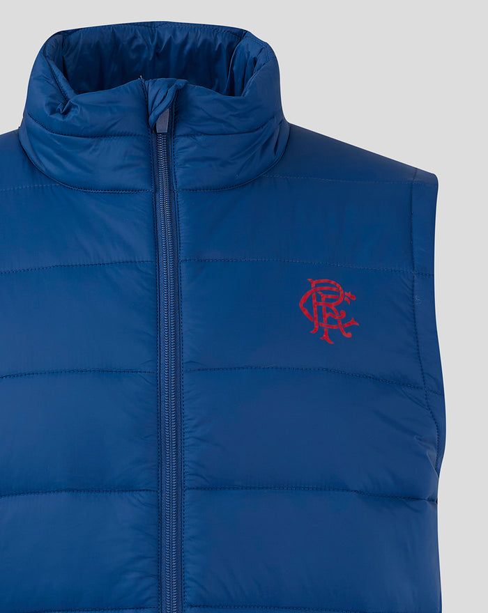Close-up of navy Rangers gilet showing red crest on the left chest and center front zipper.