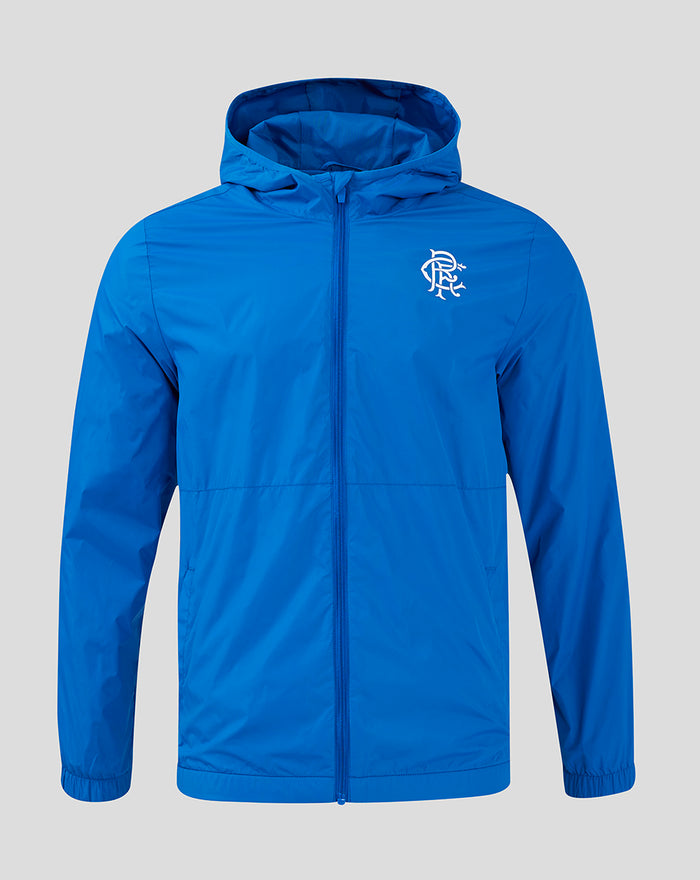 Blue Rangers FC core summer jacket with hood and full front zip featuring a white club crest on the left chest