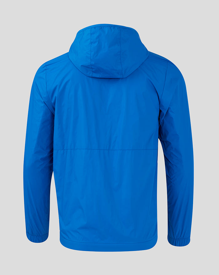 Back view of a bright blue men's core summer Rangers jacket with hood.