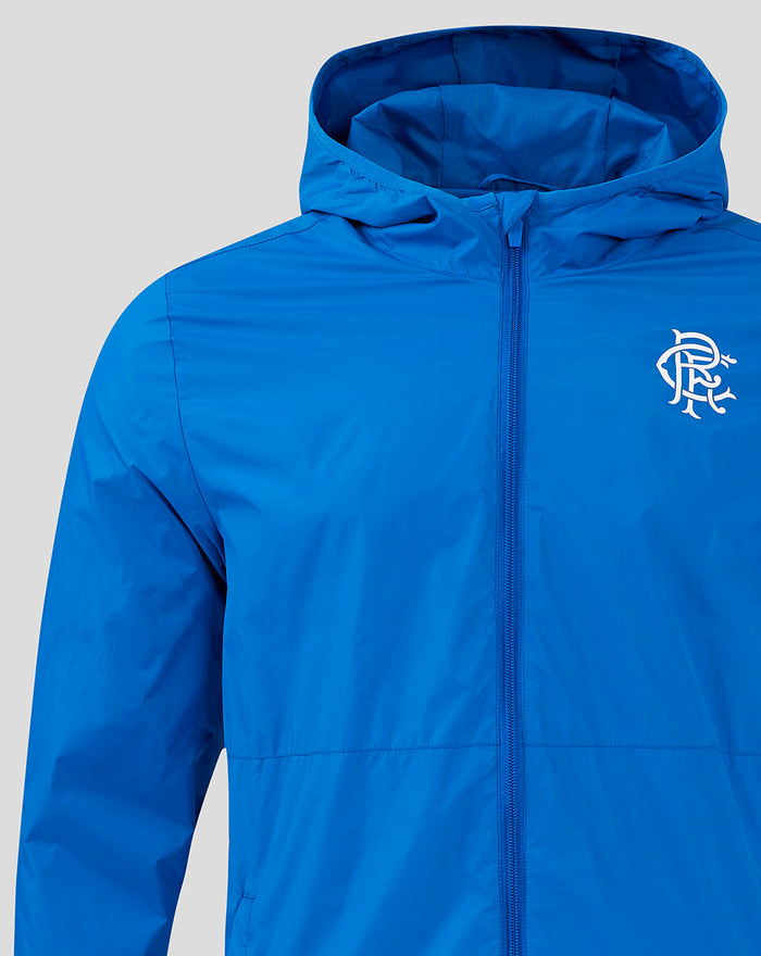 Close up of blue Rangers FC core summer jacket showing hood, front zipper, and left chest crest
