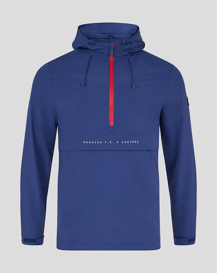 Front view of blue Rangers FC x Castore mens anorak with red zipper and hood