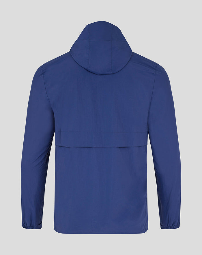 Back view of blue Rangers FC x Castore mens anorak with hood