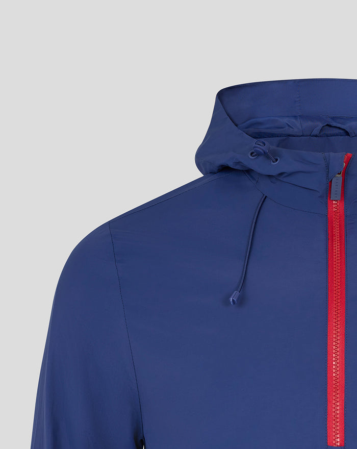 Close up of blue mens 24/25 anorak hood with bright red front zipper.