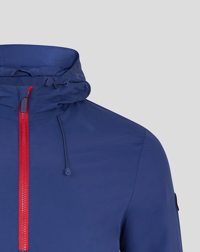 Blue mens 24/25 anorak chest area with red zipper and drawstring hood.